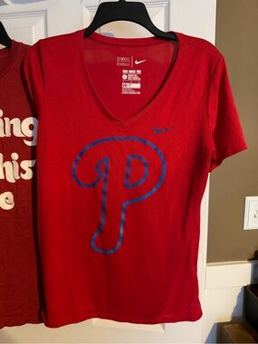 Nike Red V-Neck Phillies Tee with Blue Logo